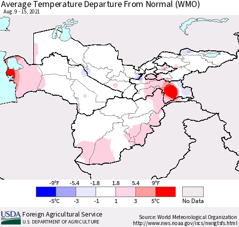 Central Asia Average Temperature Departure from Normal (WMO) Thematic Map For 8/9/2021 - 8/15/2021