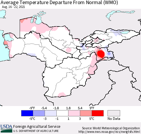 Central Asia Average Temperature Departure from Normal (WMO) Thematic Map For 8/16/2021 - 8/22/2021