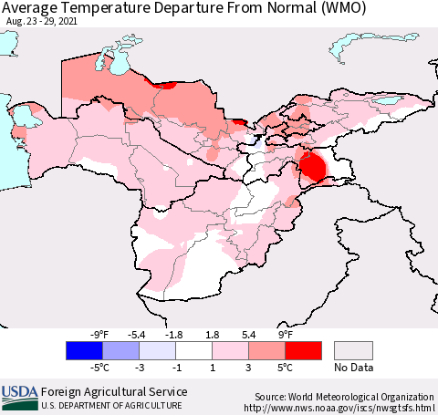 Central Asia Average Temperature Departure from Normal (WMO) Thematic Map For 8/23/2021 - 8/29/2021