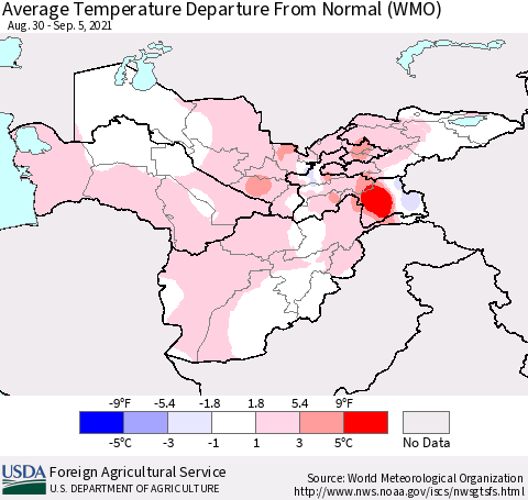 Central Asia Average Temperature Departure from Normal (WMO) Thematic Map For 8/30/2021 - 9/5/2021