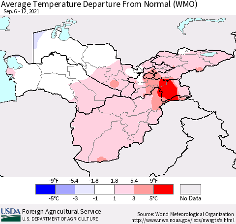 Central Asia Average Temperature Departure from Normal (WMO) Thematic Map For 9/6/2021 - 9/12/2021