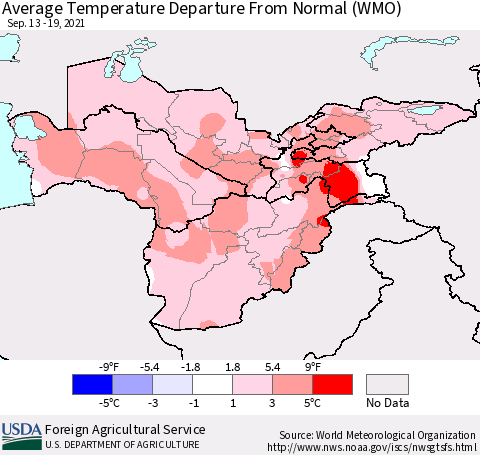 Central Asia Average Temperature Departure from Normal (WMO) Thematic Map For 9/13/2021 - 9/19/2021