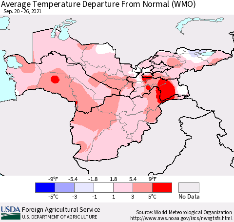 Central Asia Average Temperature Departure from Normal (WMO) Thematic Map For 9/20/2021 - 9/26/2021