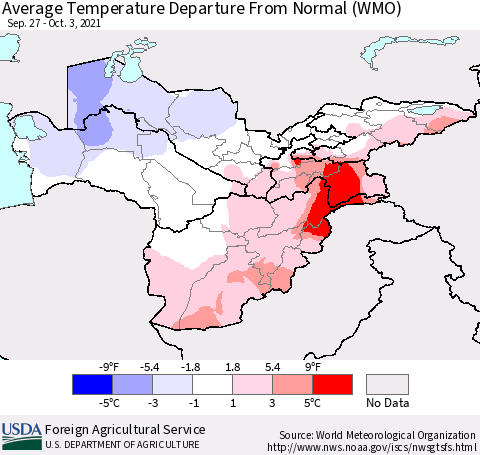 Central Asia Average Temperature Departure from Normal (WMO) Thematic Map For 9/27/2021 - 10/3/2021