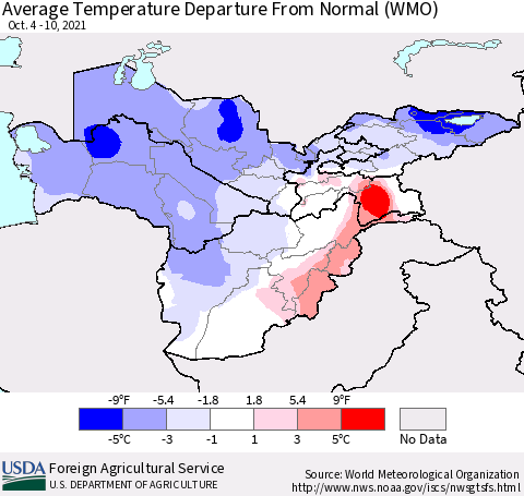 Central Asia Average Temperature Departure from Normal (WMO) Thematic Map For 10/4/2021 - 10/10/2021