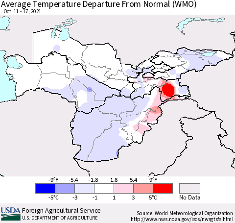 Central Asia Average Temperature Departure from Normal (WMO) Thematic Map For 10/11/2021 - 10/17/2021