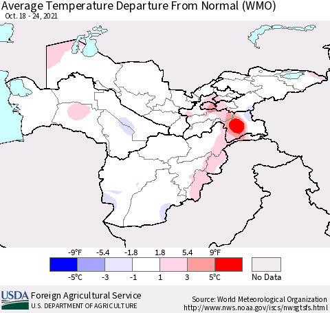 Central Asia Average Temperature Departure from Normal (WMO) Thematic Map For 10/18/2021 - 10/24/2021
