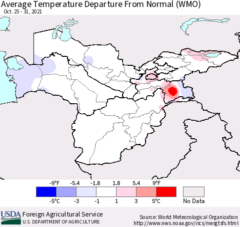 Central Asia Average Temperature Departure from Normal (WMO) Thematic Map For 10/25/2021 - 10/31/2021
