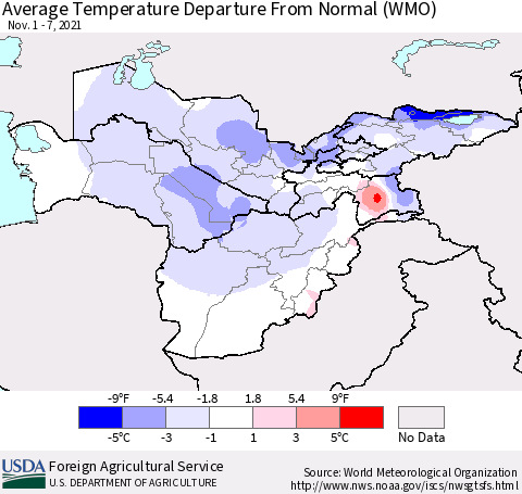 Central Asia Average Temperature Departure from Normal (WMO) Thematic Map For 11/1/2021 - 11/7/2021