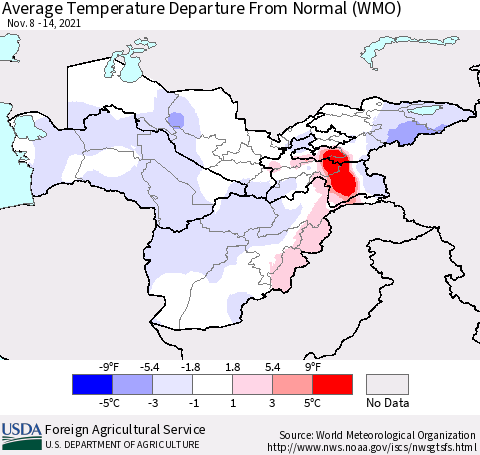 Central Asia Average Temperature Departure from Normal (WMO) Thematic Map For 11/8/2021 - 11/14/2021