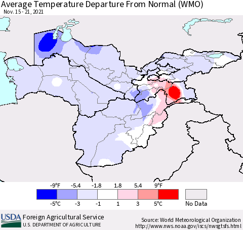 Central Asia Average Temperature Departure from Normal (WMO) Thematic Map For 11/15/2021 - 11/21/2021