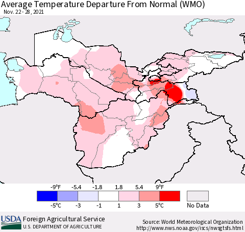 Central Asia Average Temperature Departure from Normal (WMO) Thematic Map For 11/22/2021 - 11/28/2021