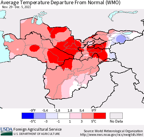 Central Asia Average Temperature Departure from Normal (WMO) Thematic Map For 11/29/2021 - 12/5/2021