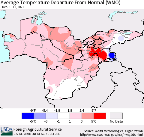 Central Asia Average Temperature Departure from Normal (WMO) Thematic Map For 12/6/2021 - 12/12/2021