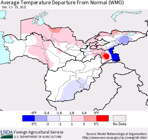 Central Asia Average Temperature Departure from Normal (WMO) Thematic Map For 12/13/2021 - 12/19/2021