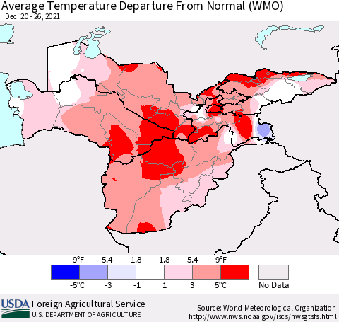 Central Asia Average Temperature Departure from Normal (WMO) Thematic Map For 12/20/2021 - 12/26/2021