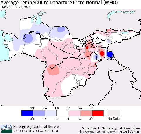 Central Asia Average Temperature Departure from Normal (WMO) Thematic Map For 12/27/2021 - 1/2/2022