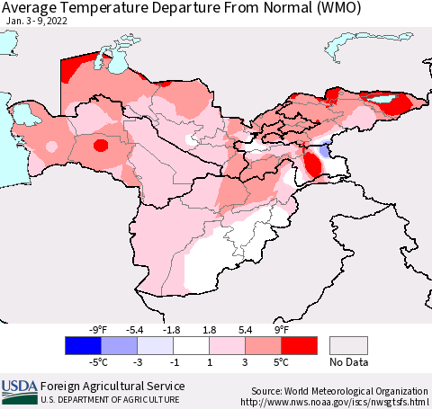 Central Asia Average Temperature Departure from Normal (WMO) Thematic Map For 1/3/2022 - 1/9/2022