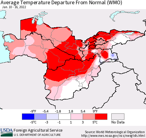 Central Asia Average Temperature Departure from Normal (WMO) Thematic Map For 1/10/2022 - 1/16/2022