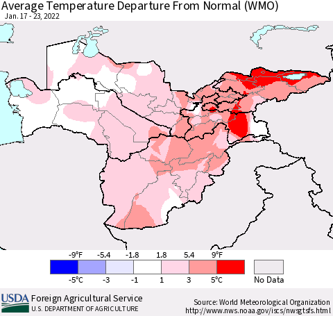 Central Asia Average Temperature Departure from Normal (WMO) Thematic Map For 1/17/2022 - 1/23/2022
