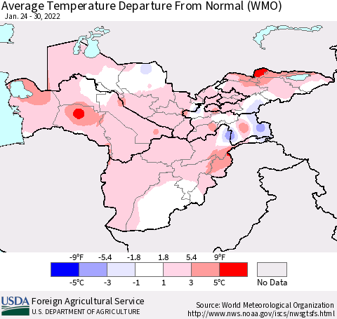 Central Asia Average Temperature Departure from Normal (WMO) Thematic Map For 1/24/2022 - 1/30/2022