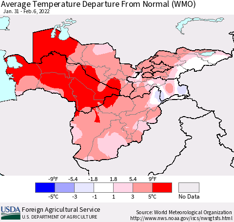 Central Asia Average Temperature Departure from Normal (WMO) Thematic Map For 1/31/2022 - 2/6/2022