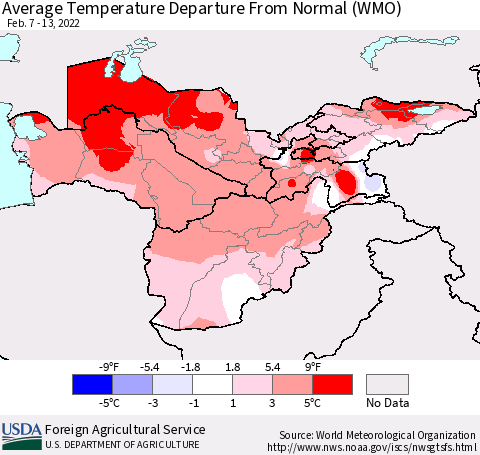 Central Asia Average Temperature Departure from Normal (WMO) Thematic Map For 2/7/2022 - 2/13/2022