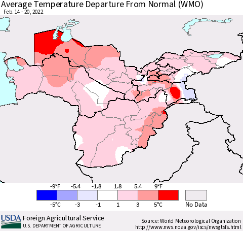Central Asia Average Temperature Departure from Normal (WMO) Thematic Map For 2/14/2022 - 2/20/2022
