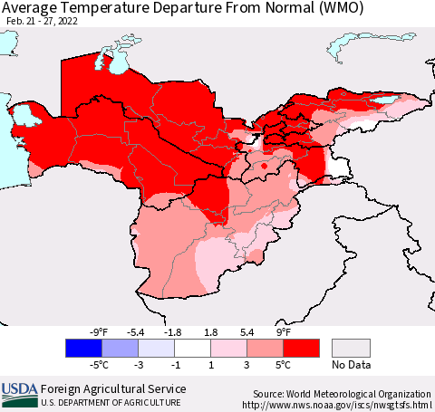 Central Asia Average Temperature Departure from Normal (WMO) Thematic Map For 2/21/2022 - 2/27/2022