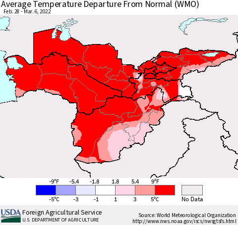 Central Asia Average Temperature Departure from Normal (WMO) Thematic Map For 2/28/2022 - 3/6/2022