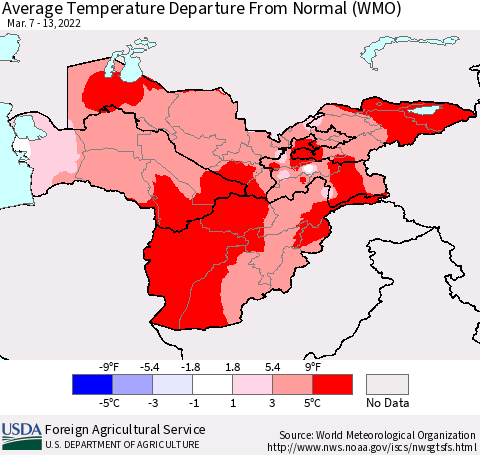 Central Asia Average Temperature Departure from Normal (WMO) Thematic Map For 3/7/2022 - 3/13/2022
