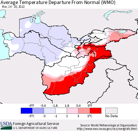 Central Asia Average Temperature Departure from Normal (WMO) Thematic Map For 3/14/2022 - 3/20/2022