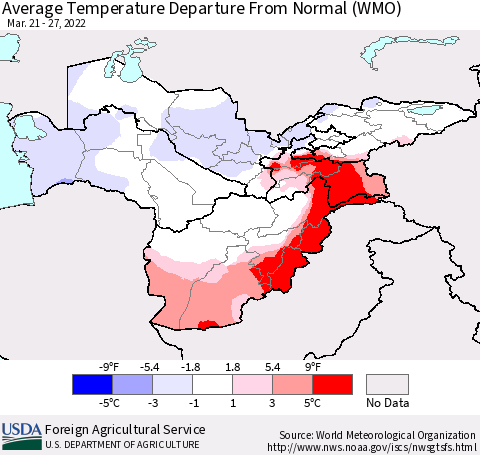 Central Asia Average Temperature Departure from Normal (WMO) Thematic Map For 3/21/2022 - 3/27/2022