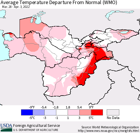Central Asia Average Temperature Departure from Normal (WMO) Thematic Map For 3/28/2022 - 4/3/2022