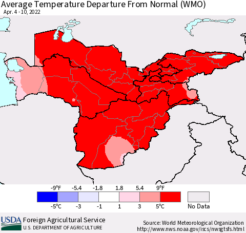 Central Asia Average Temperature Departure from Normal (WMO) Thematic Map For 4/4/2022 - 4/10/2022