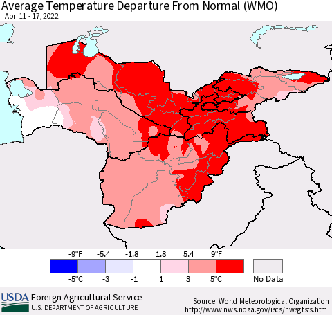 Central Asia Average Temperature Departure from Normal (WMO) Thematic Map For 4/11/2022 - 4/17/2022