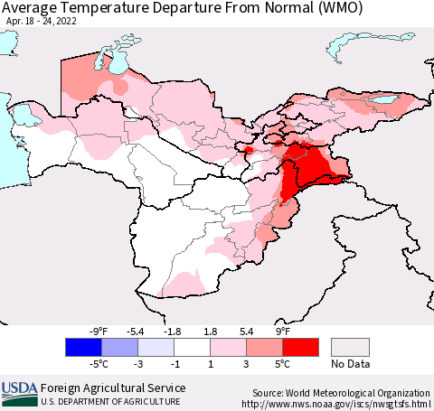 Central Asia Average Temperature Departure from Normal (WMO) Thematic Map For 4/18/2022 - 4/24/2022