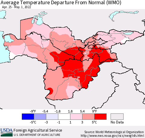 Central Asia Average Temperature Departure from Normal (WMO) Thematic Map For 4/25/2022 - 5/1/2022