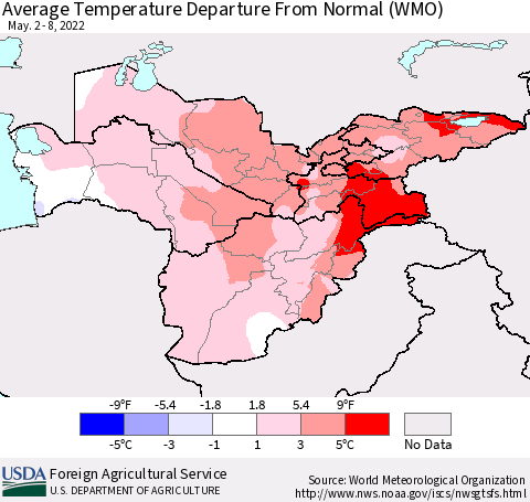 Central Asia Average Temperature Departure from Normal (WMO) Thematic Map For 5/2/2022 - 5/8/2022
