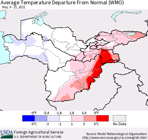 Central Asia Average Temperature Departure from Normal (WMO) Thematic Map For 5/9/2022 - 5/15/2022