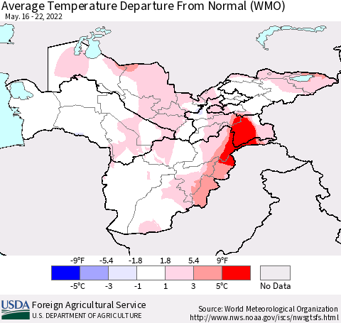 Central Asia Average Temperature Departure from Normal (WMO) Thematic Map For 5/16/2022 - 5/22/2022