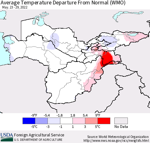 Central Asia Average Temperature Departure from Normal (WMO) Thematic Map For 5/23/2022 - 5/29/2022