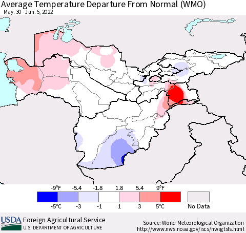 Central Asia Average Temperature Departure from Normal (WMO) Thematic Map For 5/30/2022 - 6/5/2022