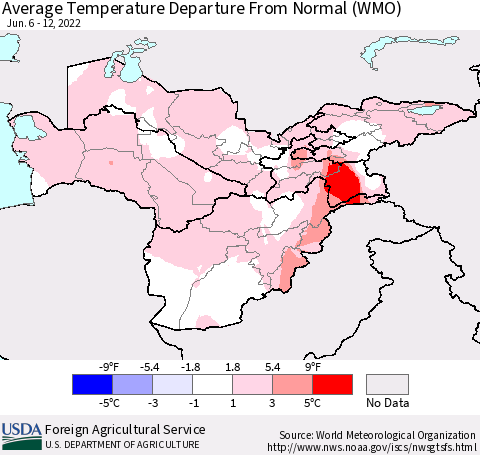 Central Asia Average Temperature Departure from Normal (WMO) Thematic Map For 6/6/2022 - 6/12/2022