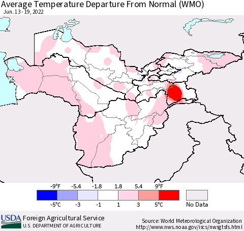 Central Asia Average Temperature Departure from Normal (WMO) Thematic Map For 6/13/2022 - 6/19/2022