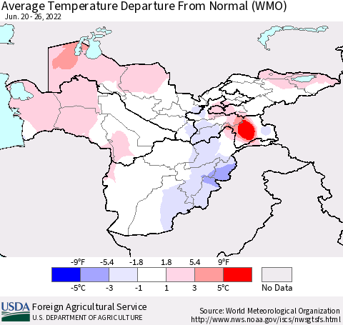 Central Asia Average Temperature Departure from Normal (WMO) Thematic Map For 6/20/2022 - 6/26/2022