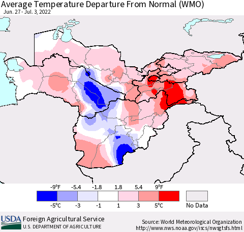 Central Asia Average Temperature Departure from Normal (WMO) Thematic Map For 6/27/2022 - 7/3/2022