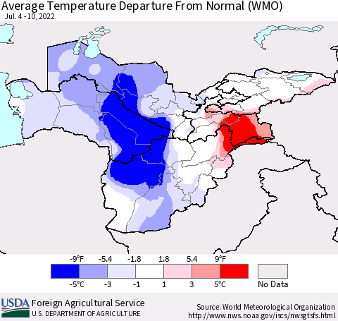 Central Asia Average Temperature Departure from Normal (WMO) Thematic Map For 7/4/2022 - 7/10/2022