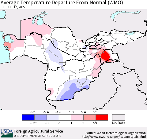Central Asia Average Temperature Departure from Normal (WMO) Thematic Map For 7/11/2022 - 7/17/2022