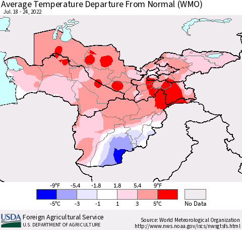 Central Asia Average Temperature Departure from Normal (WMO) Thematic Map For 7/18/2022 - 7/24/2022